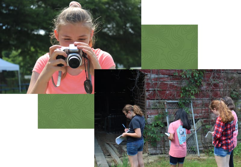 Photos of the PAGE girls practicing photography and taking notes on a rural barn area.