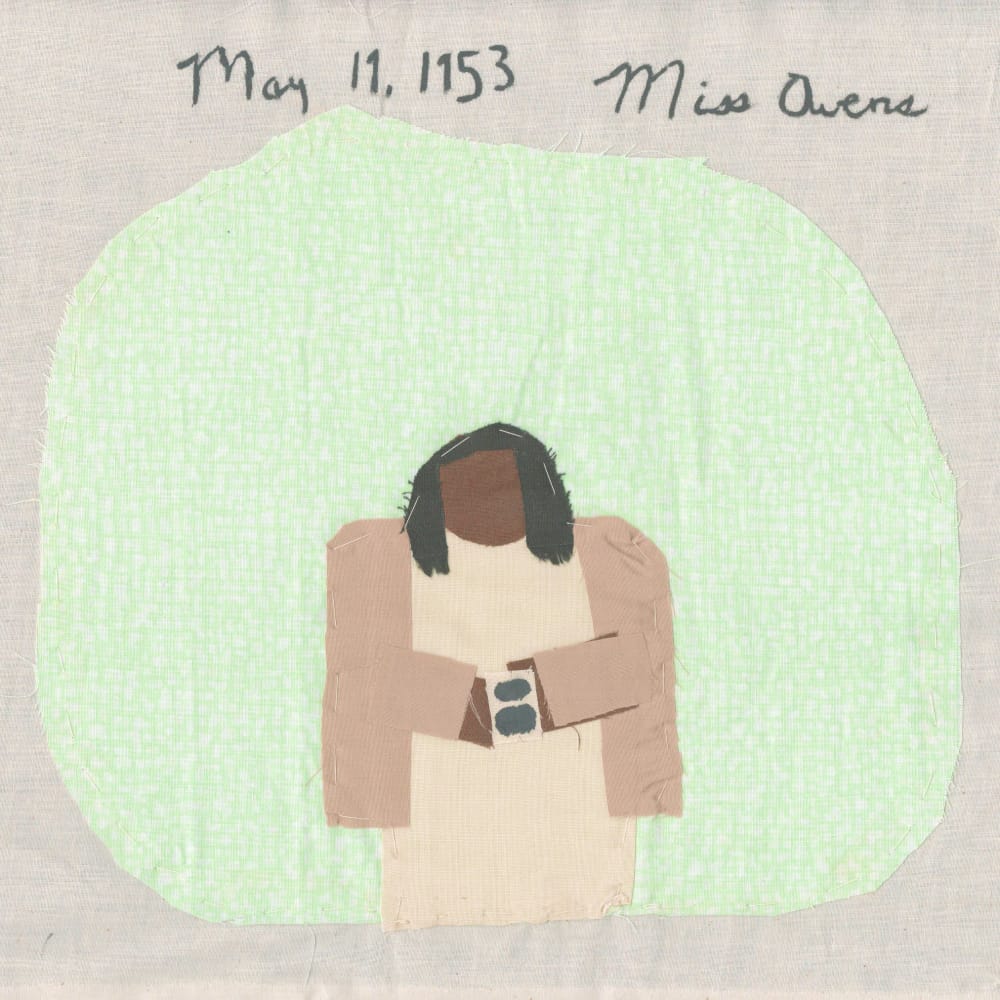 A quilt square depicting an African American teacher, Mrs. Owens