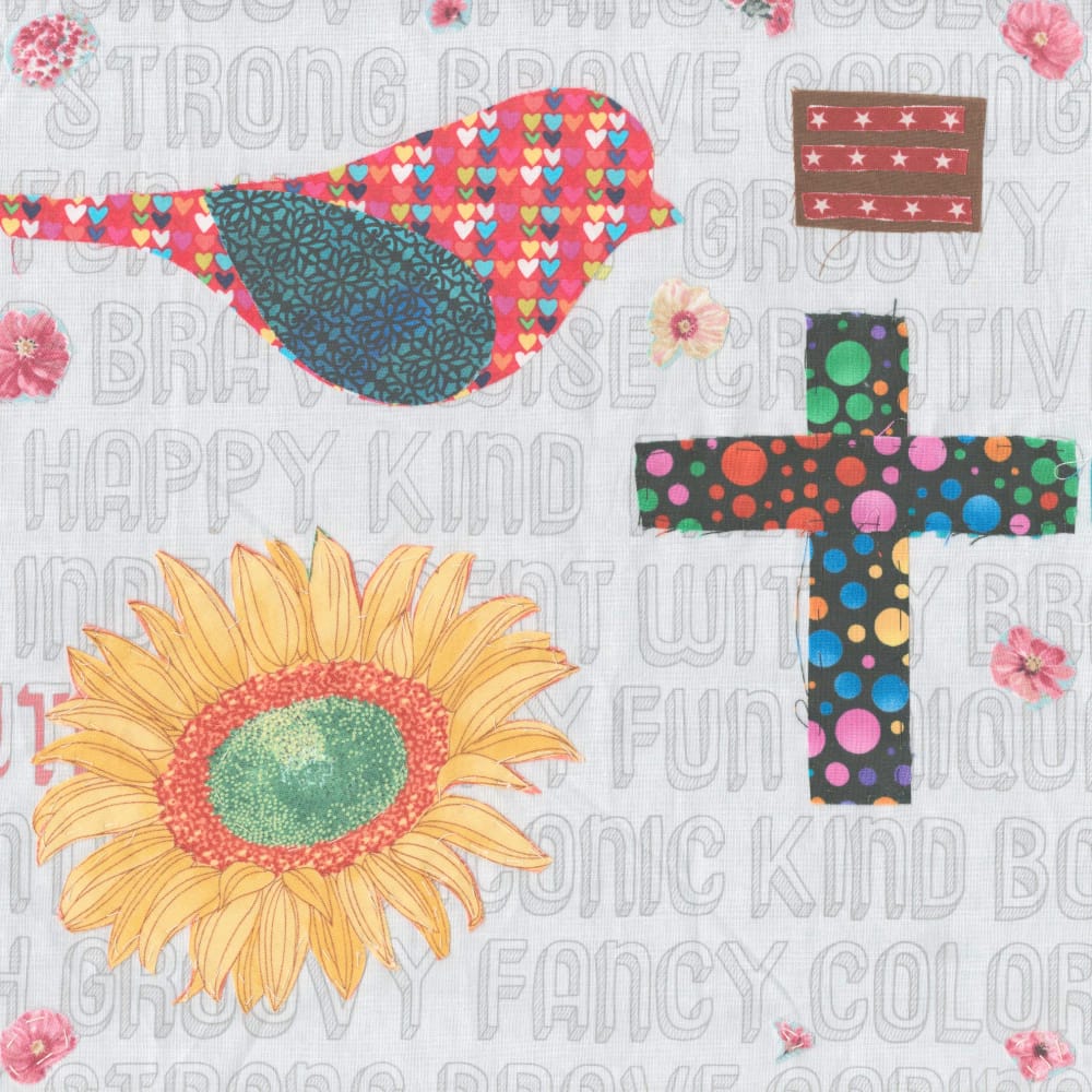 A quilt square with four charms - a flower, a bird, a cross, and a rectangle with stars