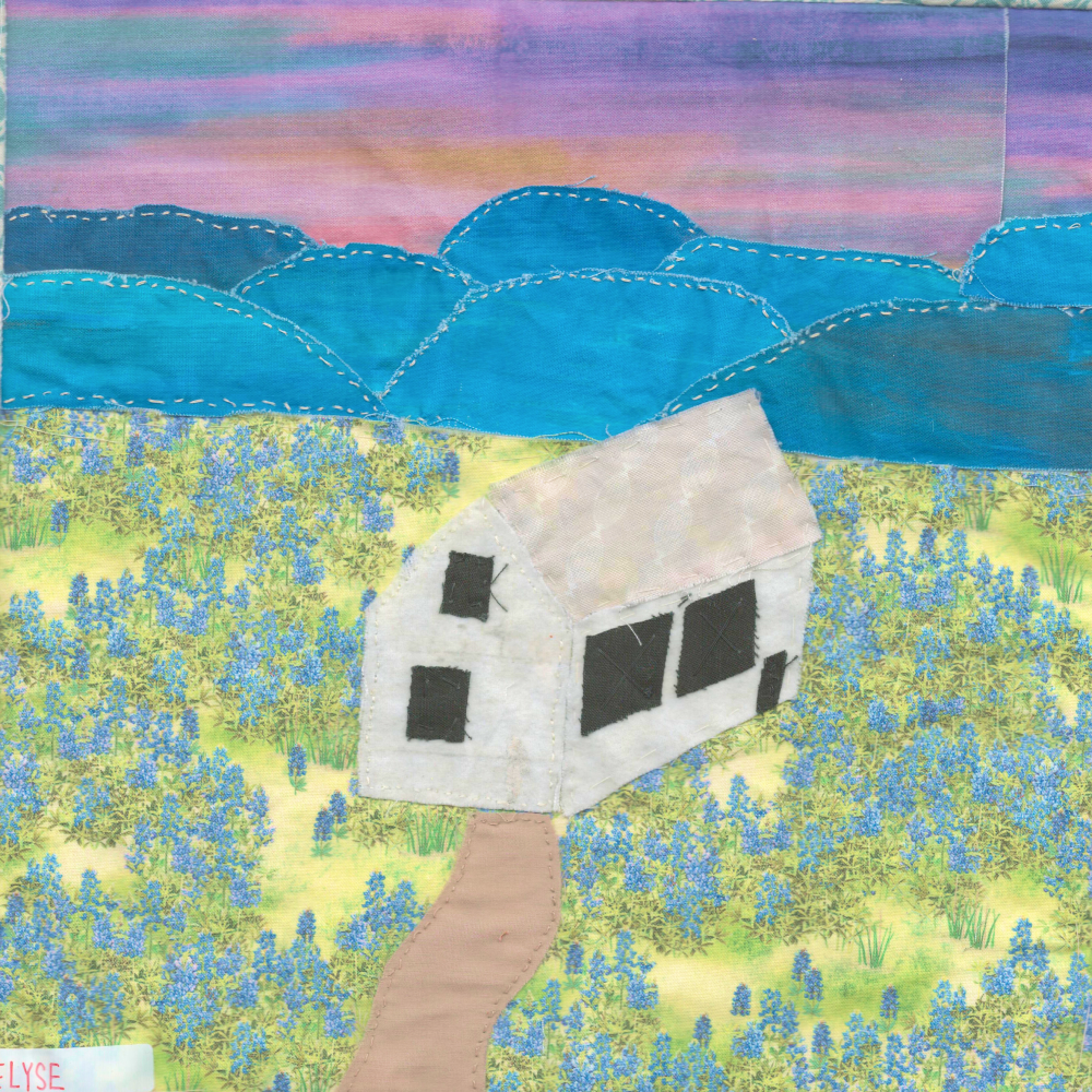 Elyse Demas - Quilt Square - The white schoolhouse, blue mountains, and green grasses