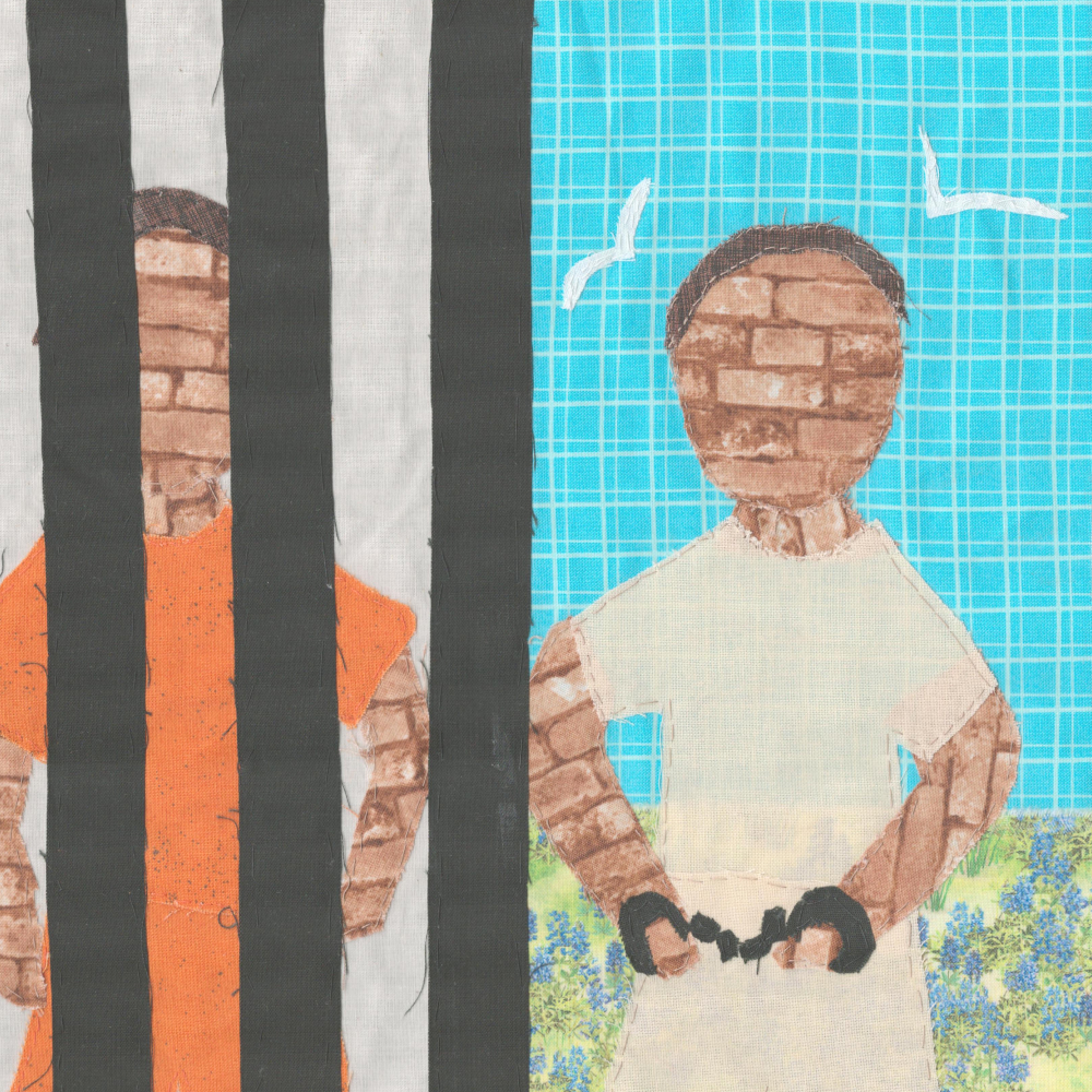 A quilt square with two halves. One side has an African American man behind bars in an orange jumpsuit. The other shows him cuffed, but outdoors with green grass, blue skies, and birds behind him.