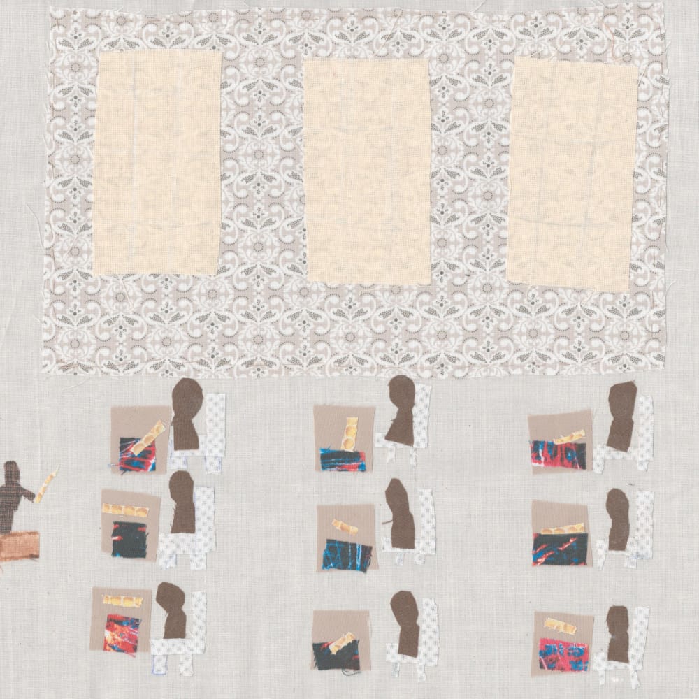 A quilt square depicting a classroom. There are 9 African American students sitting at desks and a teacher in the front. Three large windows can be seen.