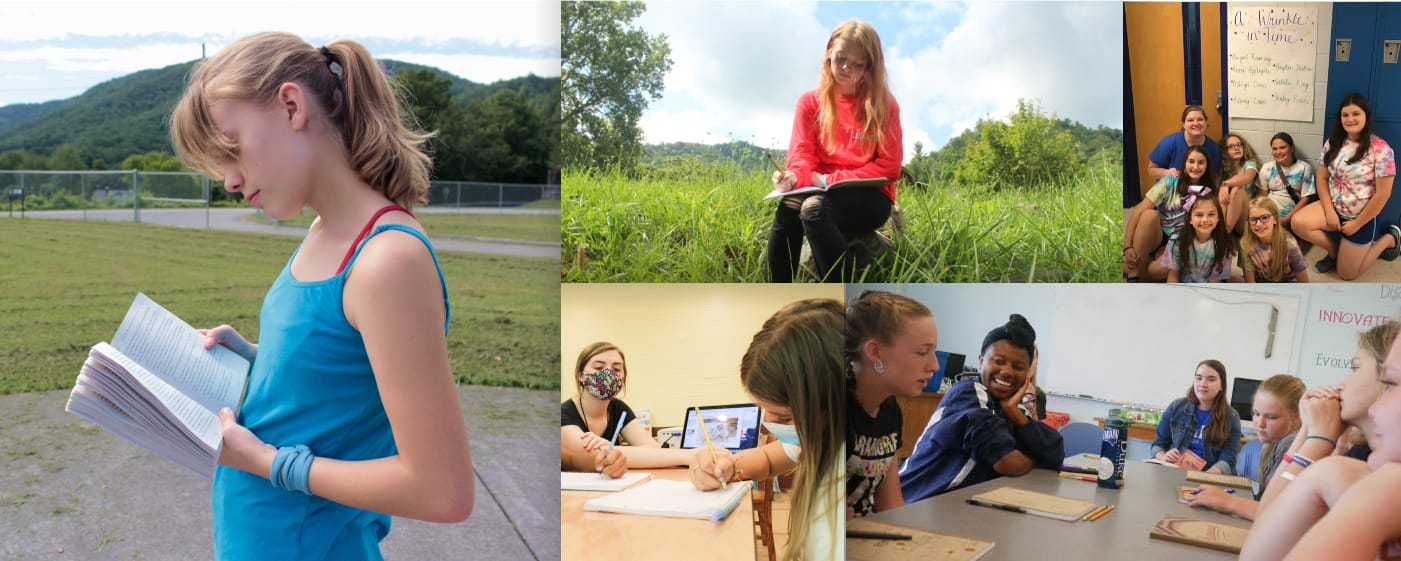 A collage of images showing the girls in a learning environment and outdoors reading books