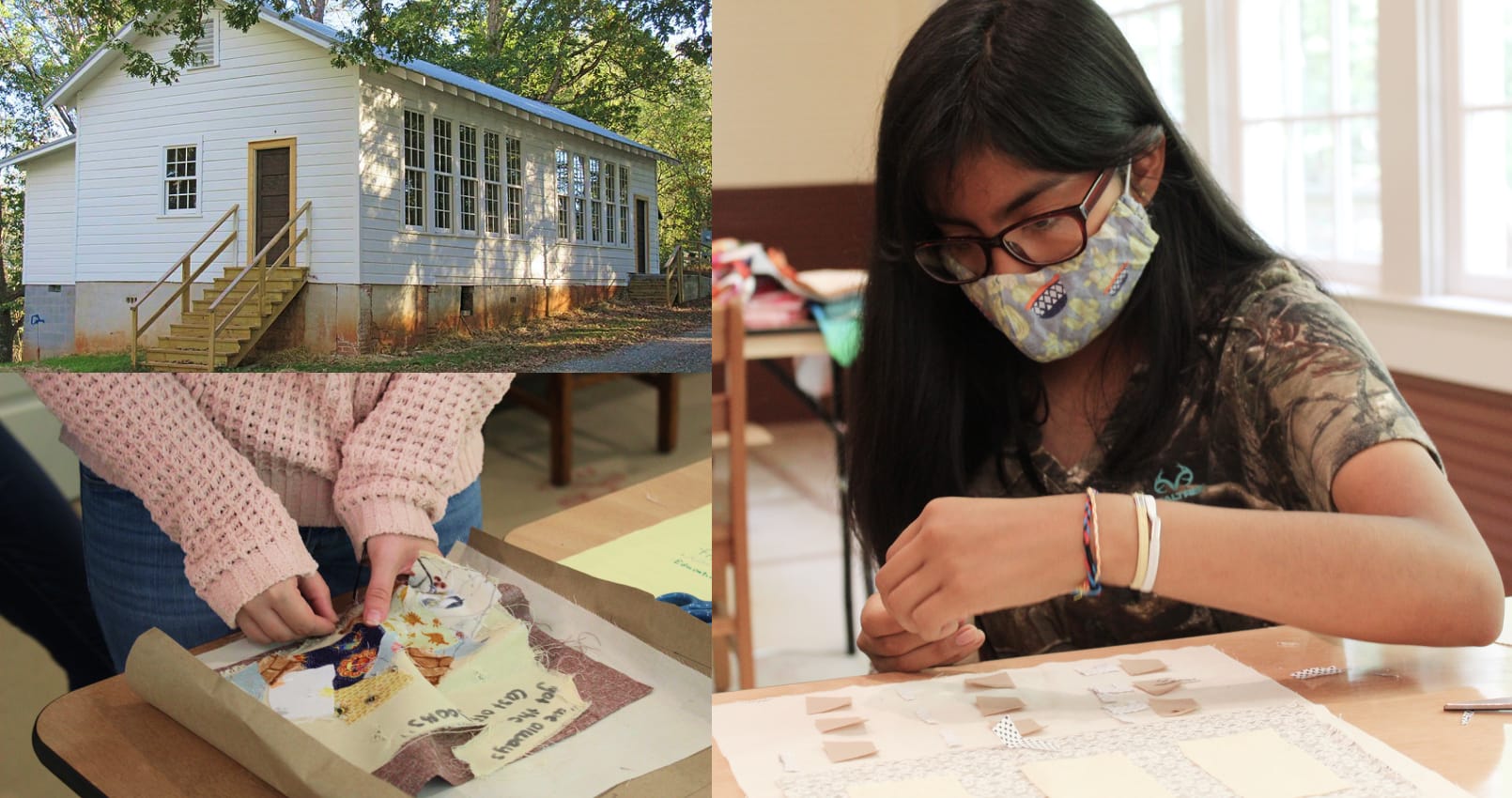 An image collage showing the Rosenwald school and two girls working on their quilt squares