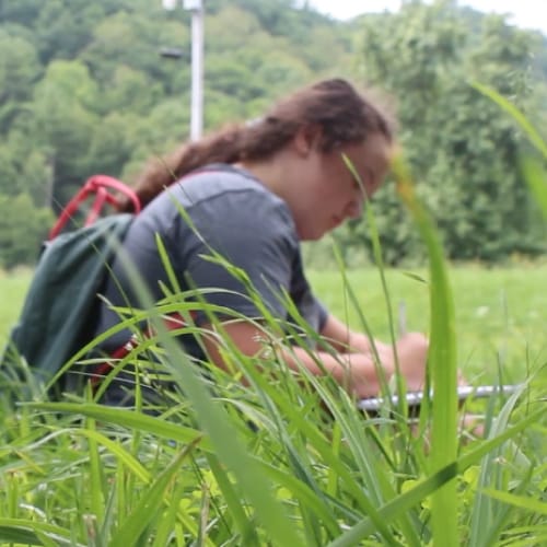 A girl writing in her notebook while sitting in a field of green grass
